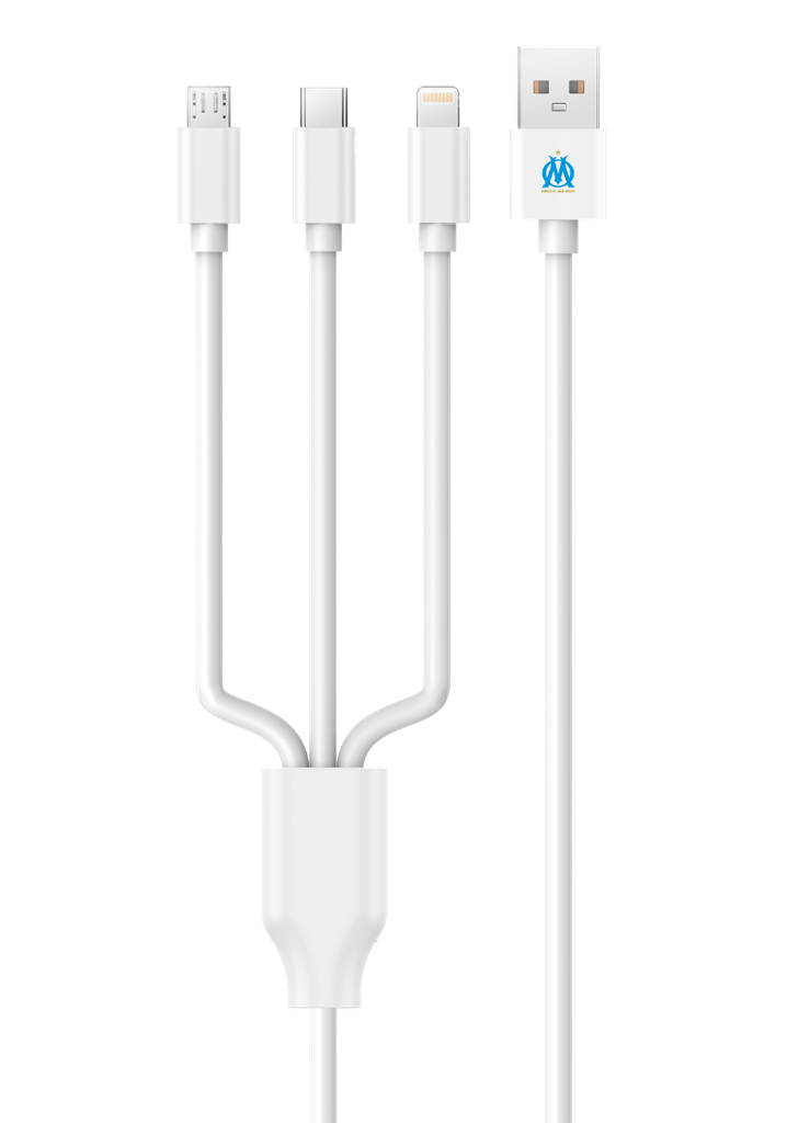Câble 3 en 1 PVC blanc 1mètre (Olympique de Marseille)