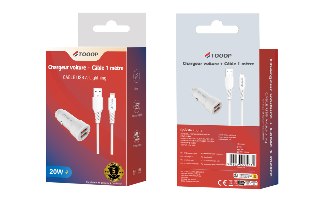 Kit Chargeur Voiture 20W Double USB + Câble USB A vers Lightning