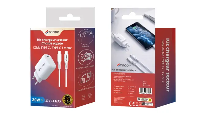 Kit Chargeur Secteur - Charge rapide 20W + Câble C vers C