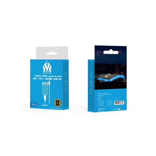Câble 3 en 1 PVC blanc 1mètre (Olympique de Marseille)