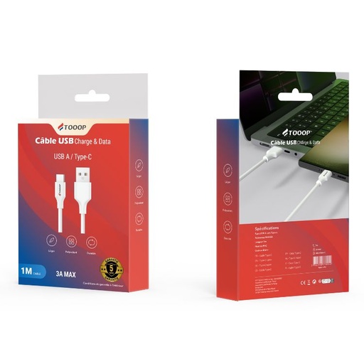 [TCAATCPW1] Câble A vers C PVC blanc 1 mètre