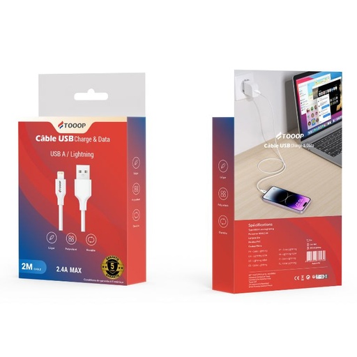[TCAATLPW2] Câble A vers Lightning PVC 2 mètres